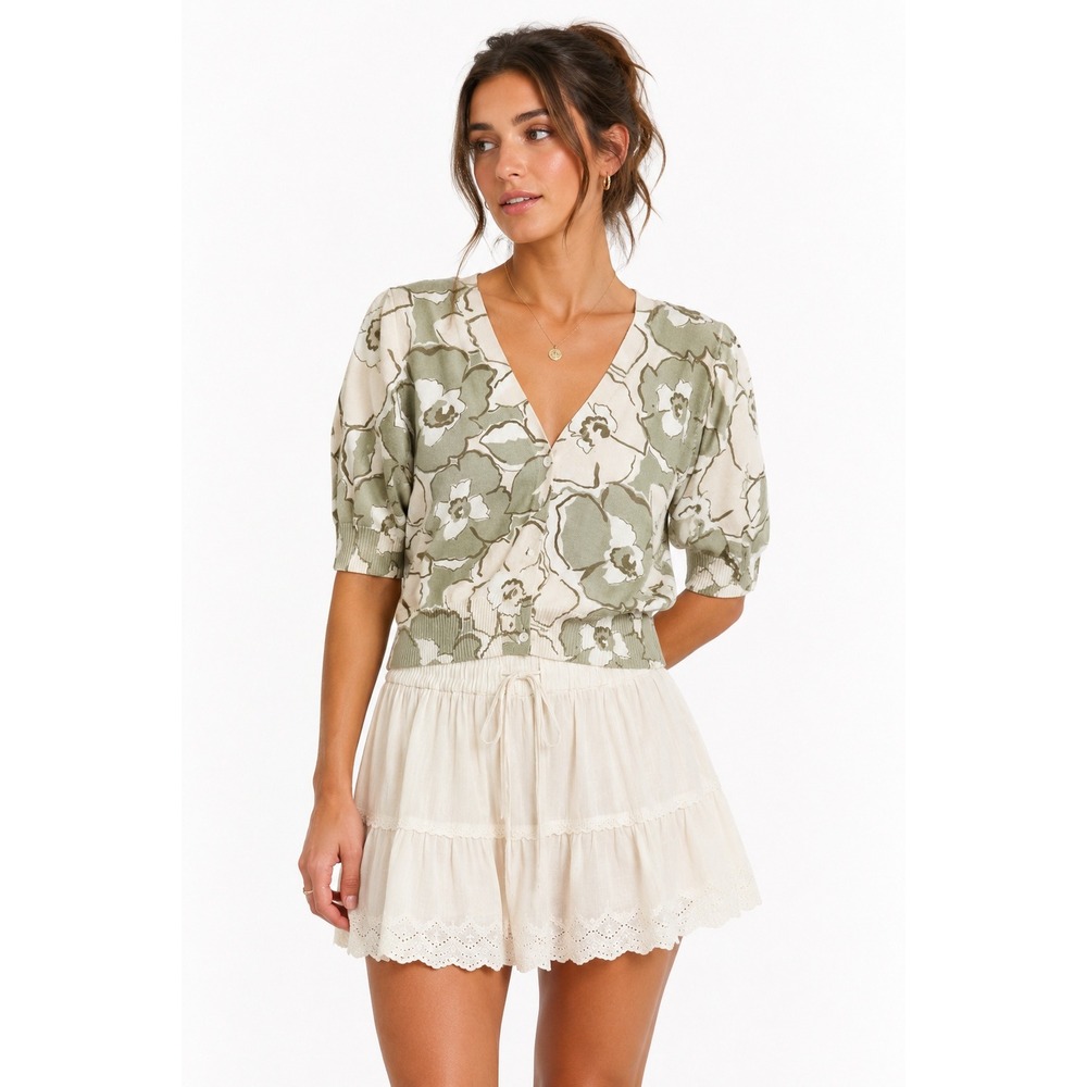 Floral Cotton Cardigan M Green Cream V Neck Puff Sleeve Cottagecore Romantic